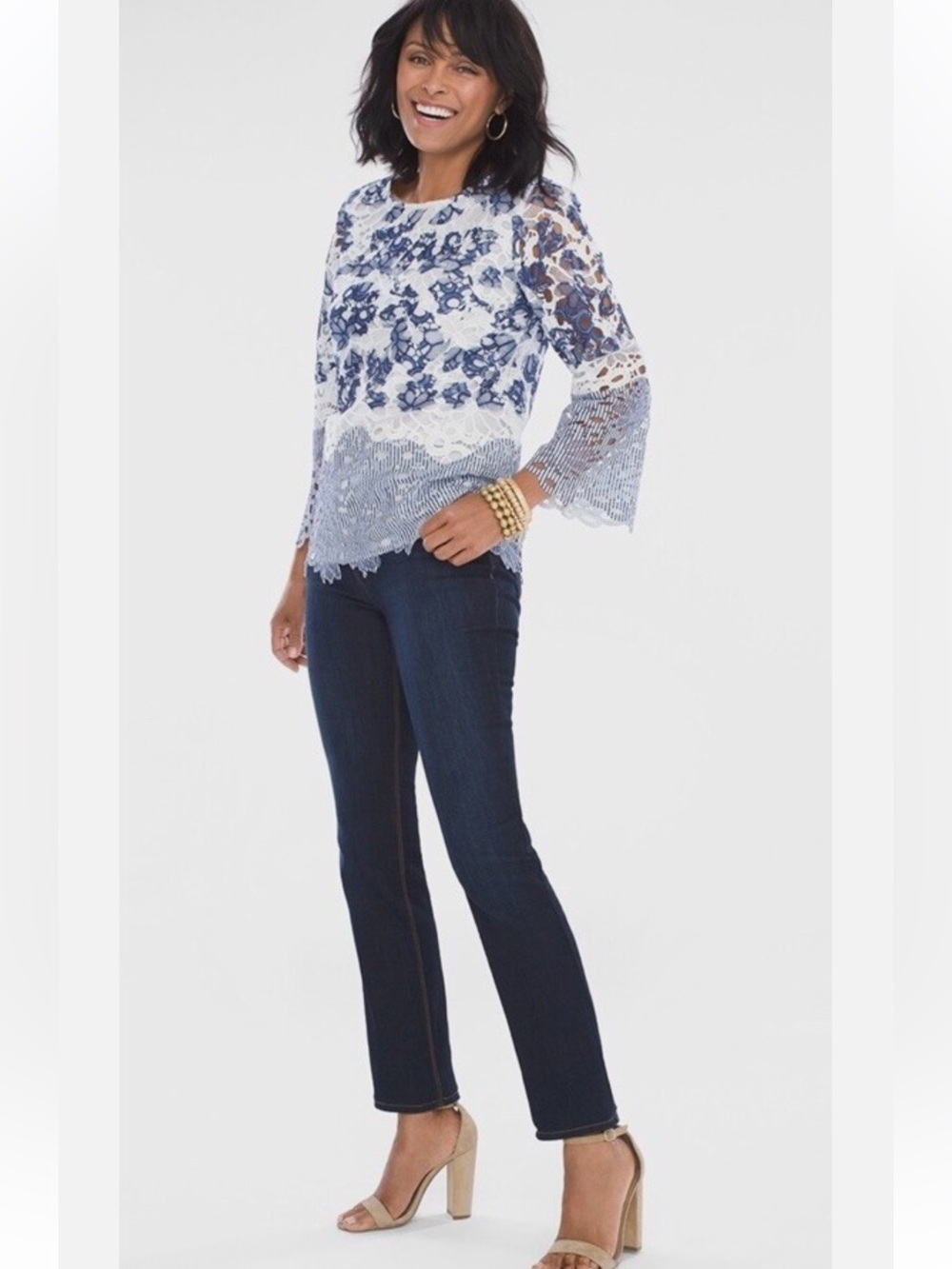 CHICOS Lace Stripe Floral Bracelet Sleeve Top Op Scallop Hem Gorgeous Blue